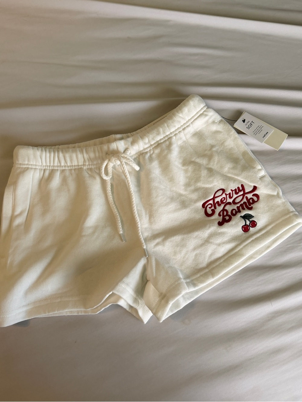 Reflex White Athletic Lounge Shorts with Red Cherry Embroidery